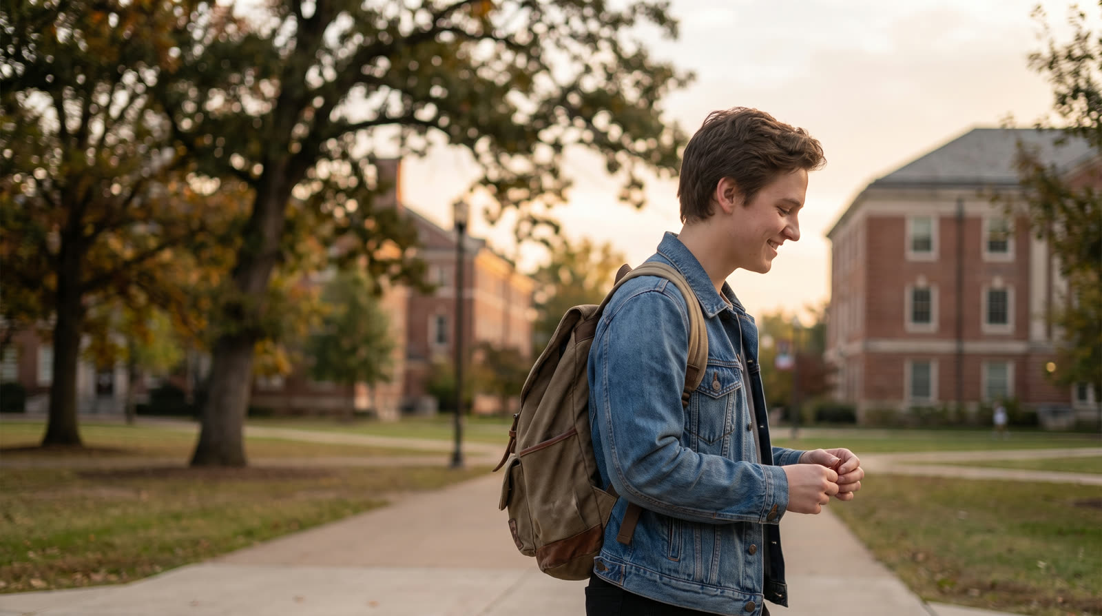 College student walking across a campus quad with a backpack