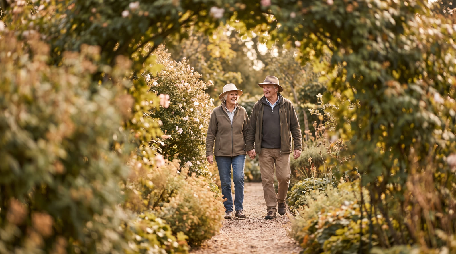 Retired couple walking together along a garden path