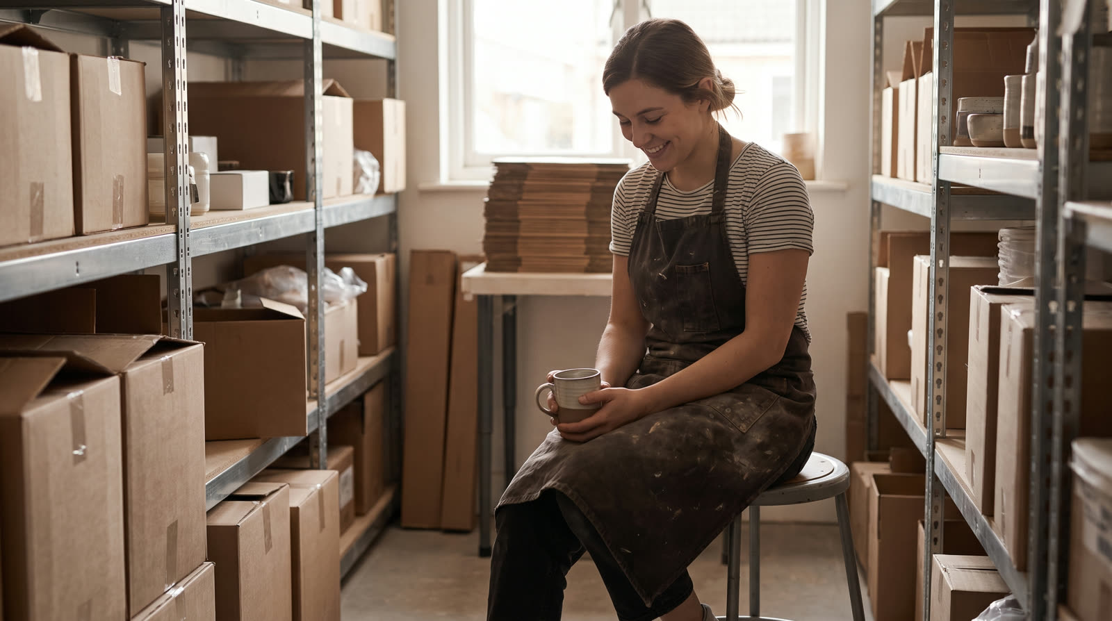 Young retail worker taking a break during a shift
