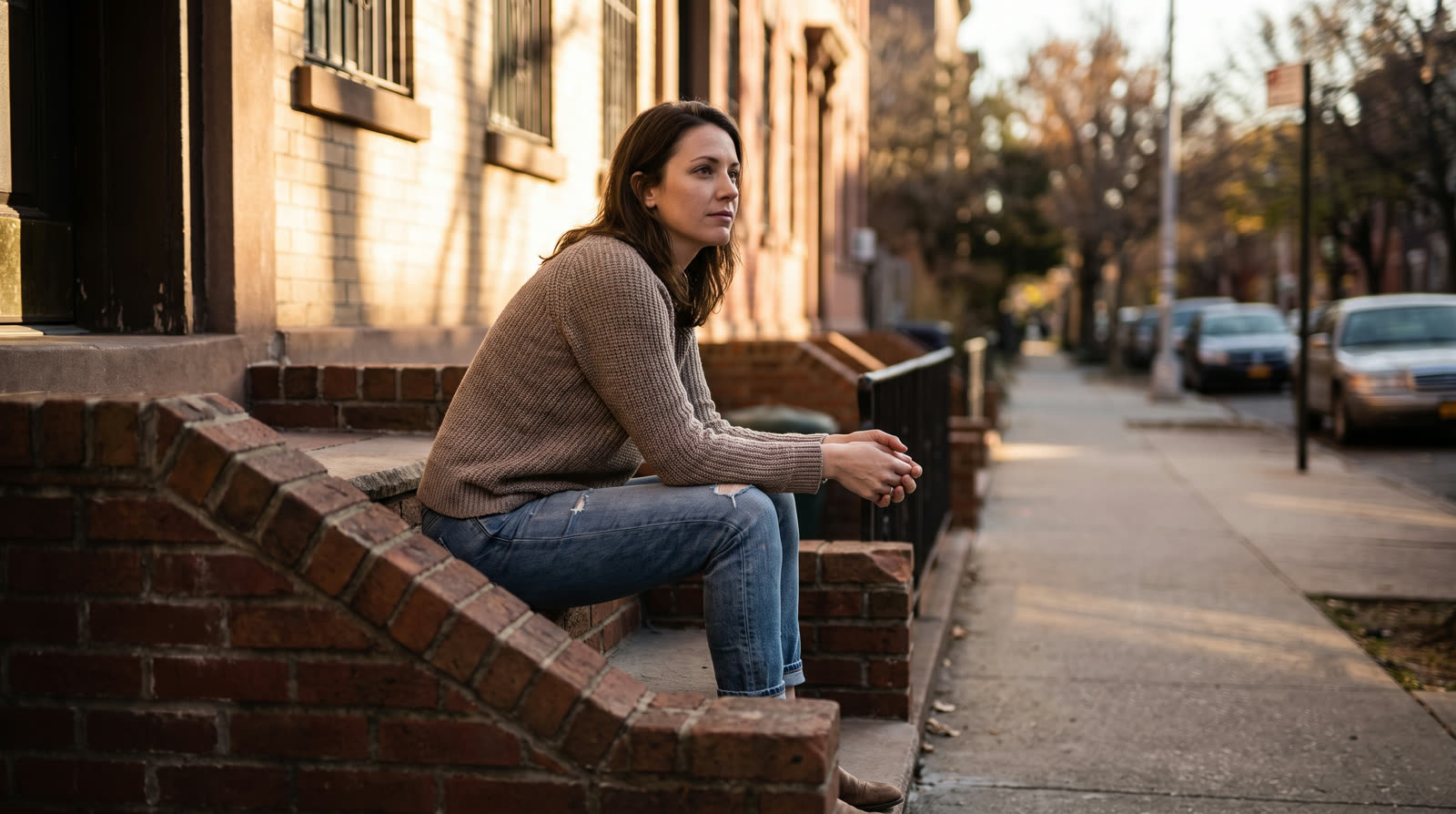 Woman sitting on the front steps of an apartment building