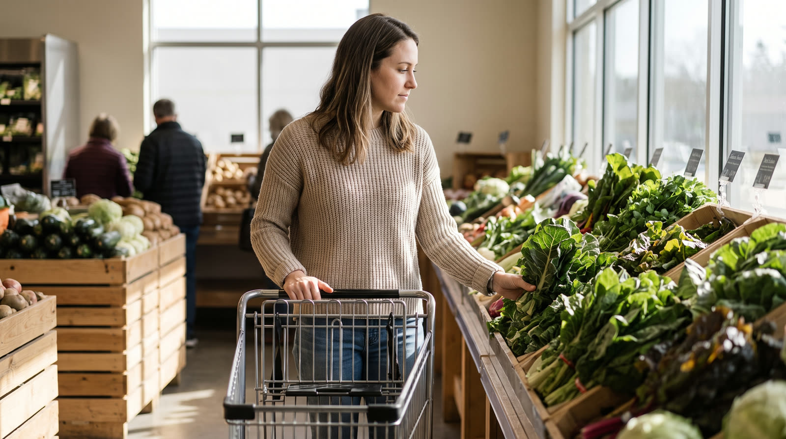 Woman choosing fresh vegetables in a grocery store produce aisle