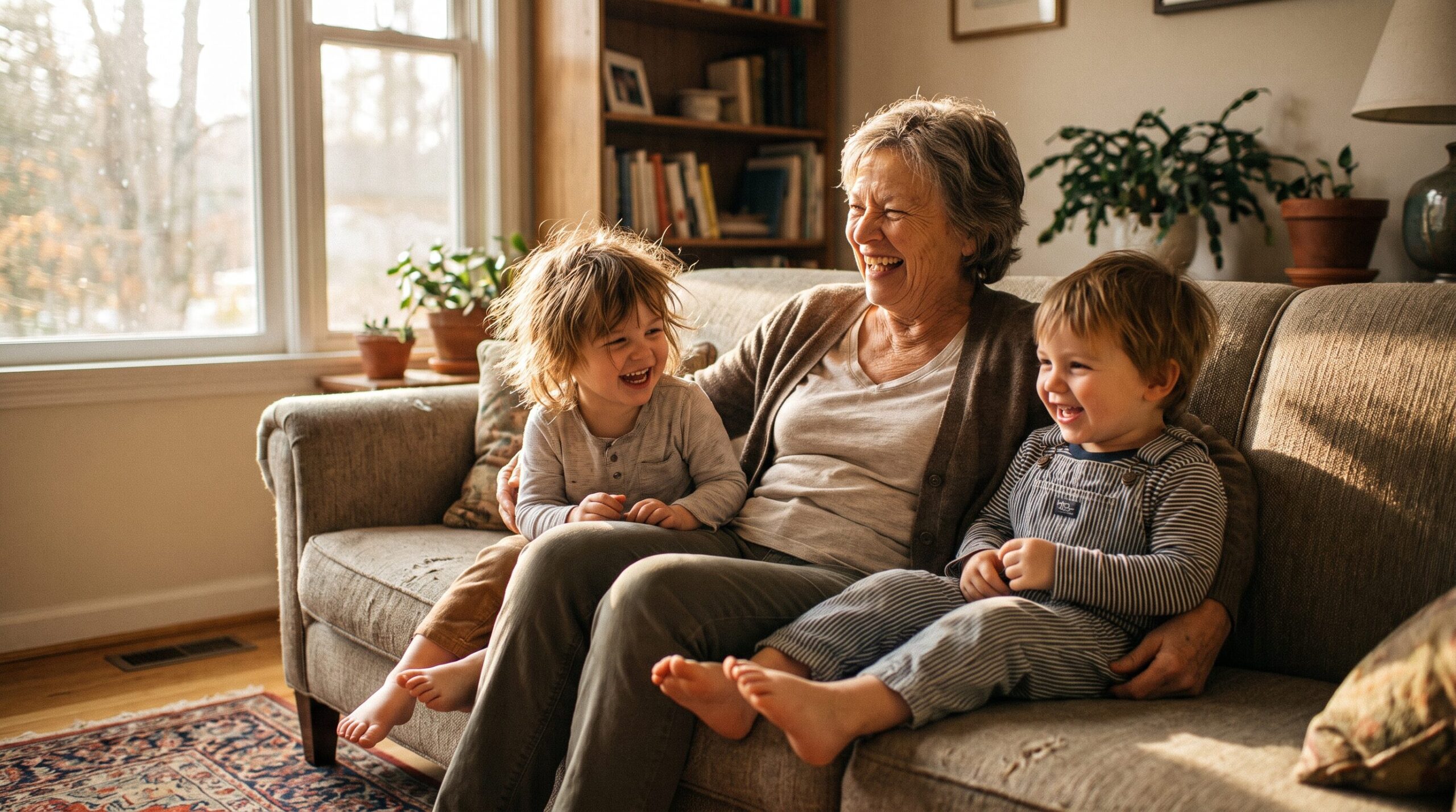 Grandmother laughing on the couch with two young grandchildren