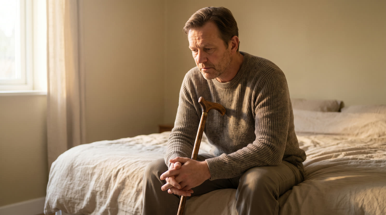 Man with a cane sitting on the edge of his bed in the morning