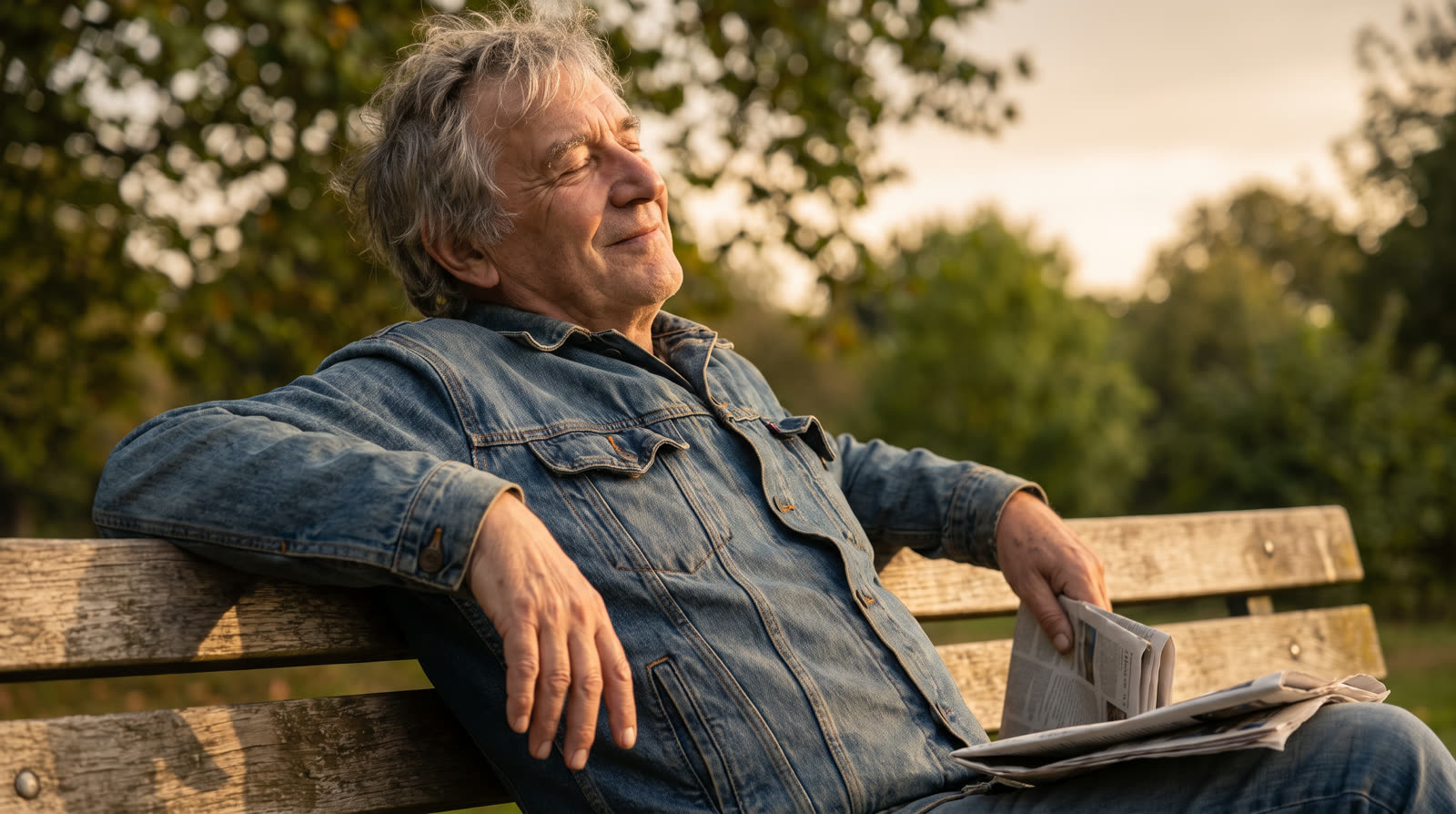Older man relaxing on a park bench in the afternoon sun
