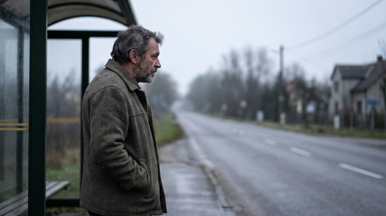 Man waiting at a bus stop early in the morning