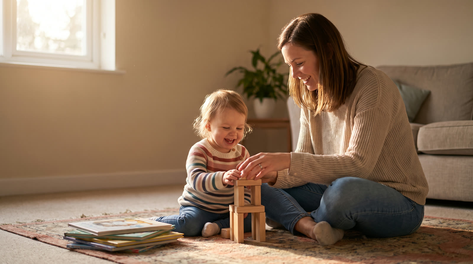 Mother playing on the living room floor with her young daughter