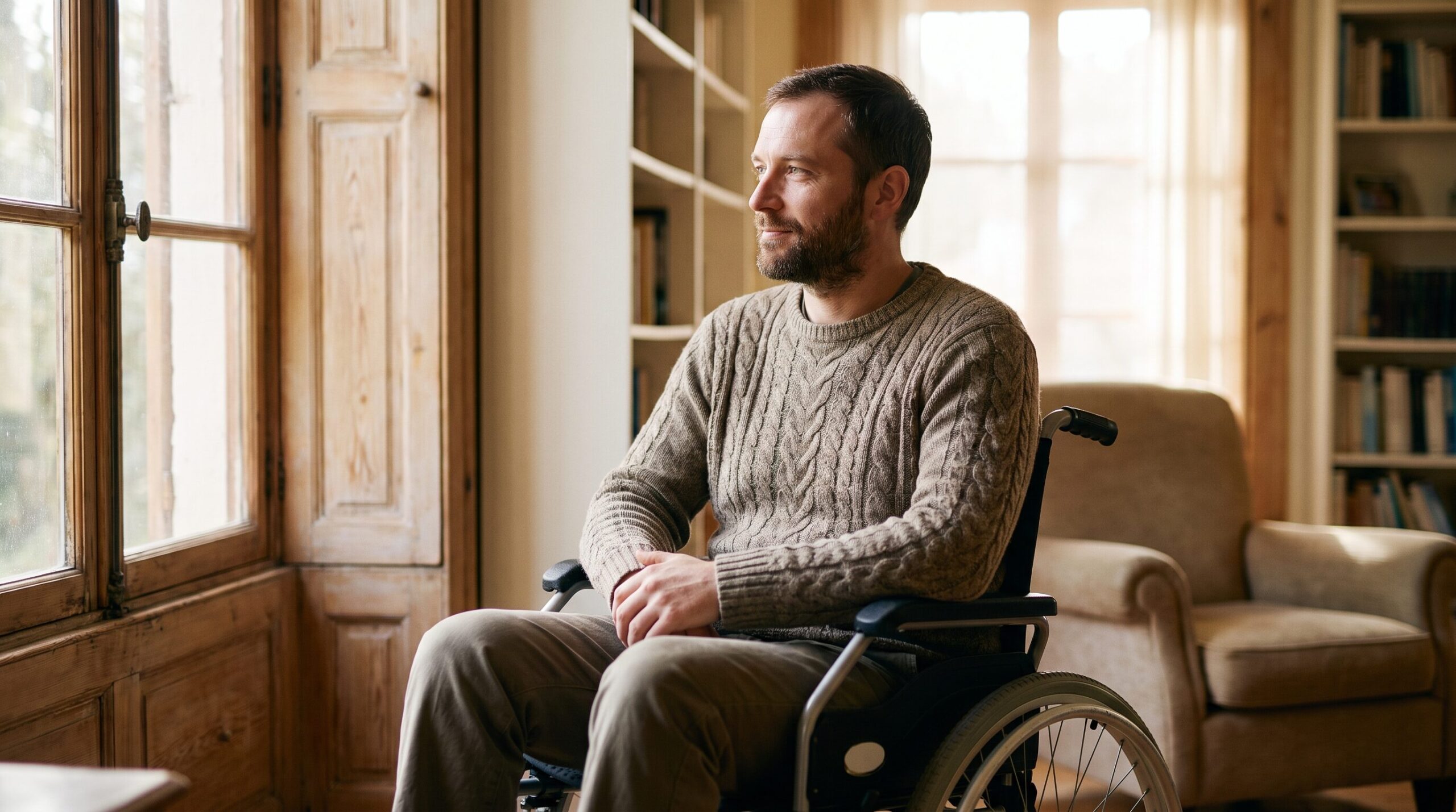 Man using a wheelchair looking out his living room window