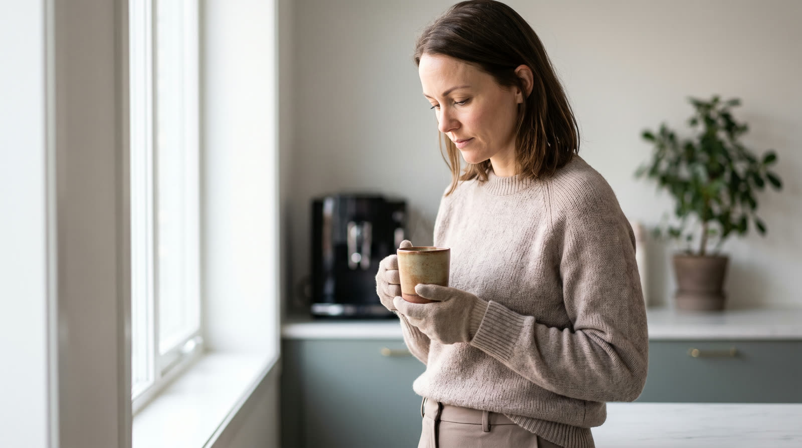 Woman holding a mug in an office break room