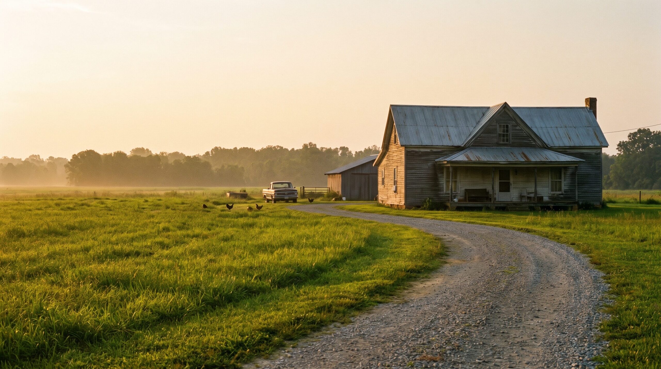 Farmhouse on rural acreage at golden hour