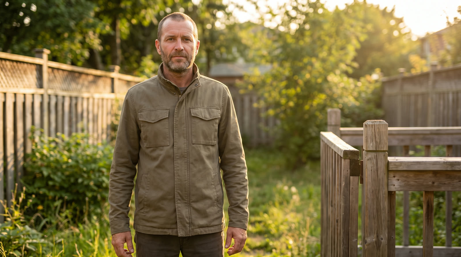Military veteran standing in his backyard at golden hour