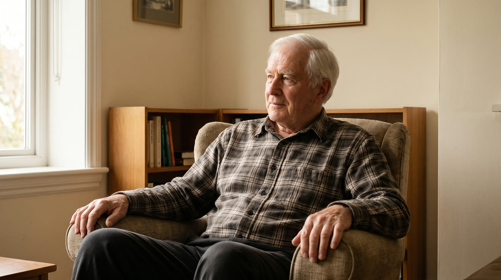 Older man sitting in his living room armchair