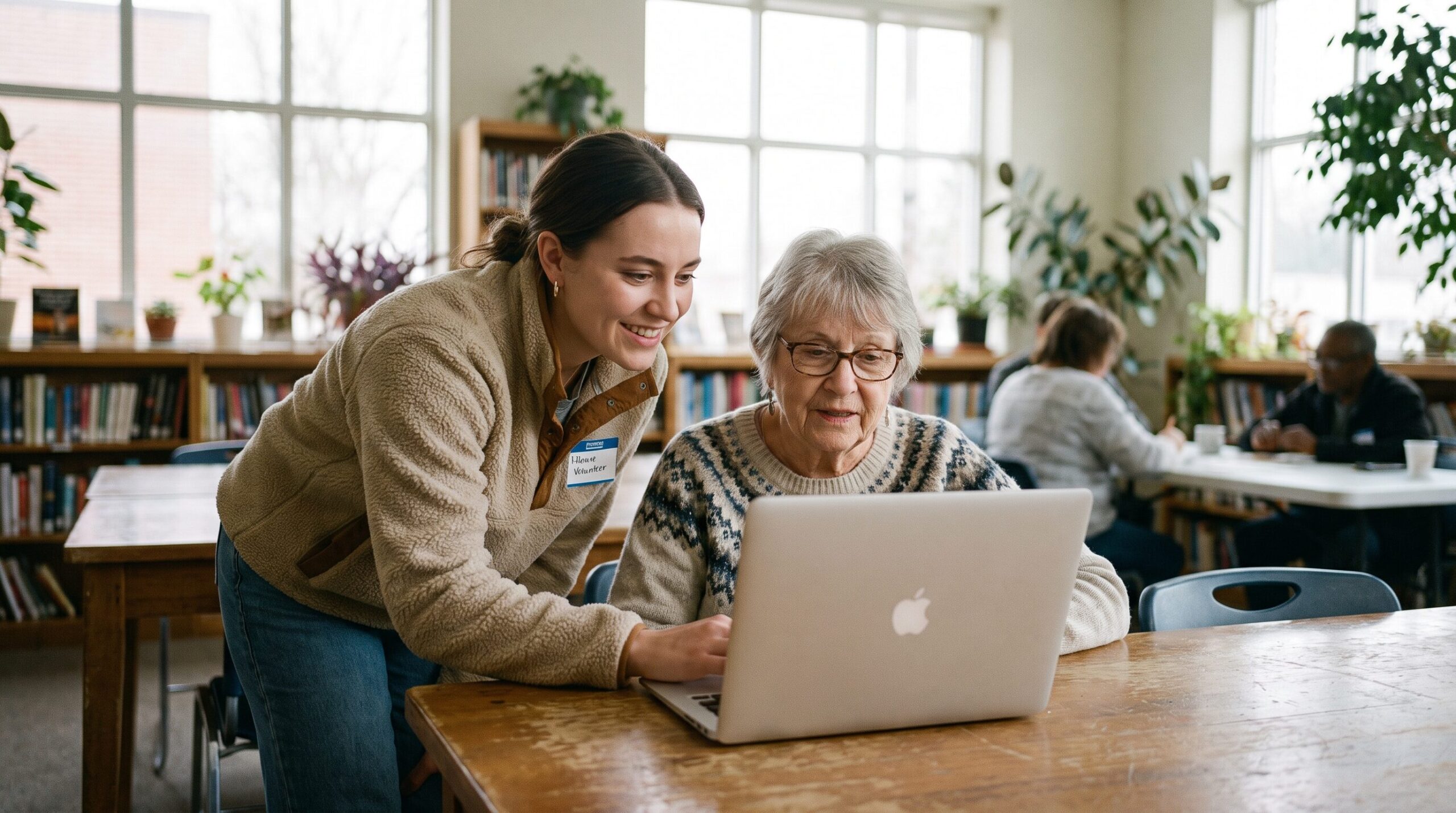 Volunteer helping an older woman with her taxes at a community center