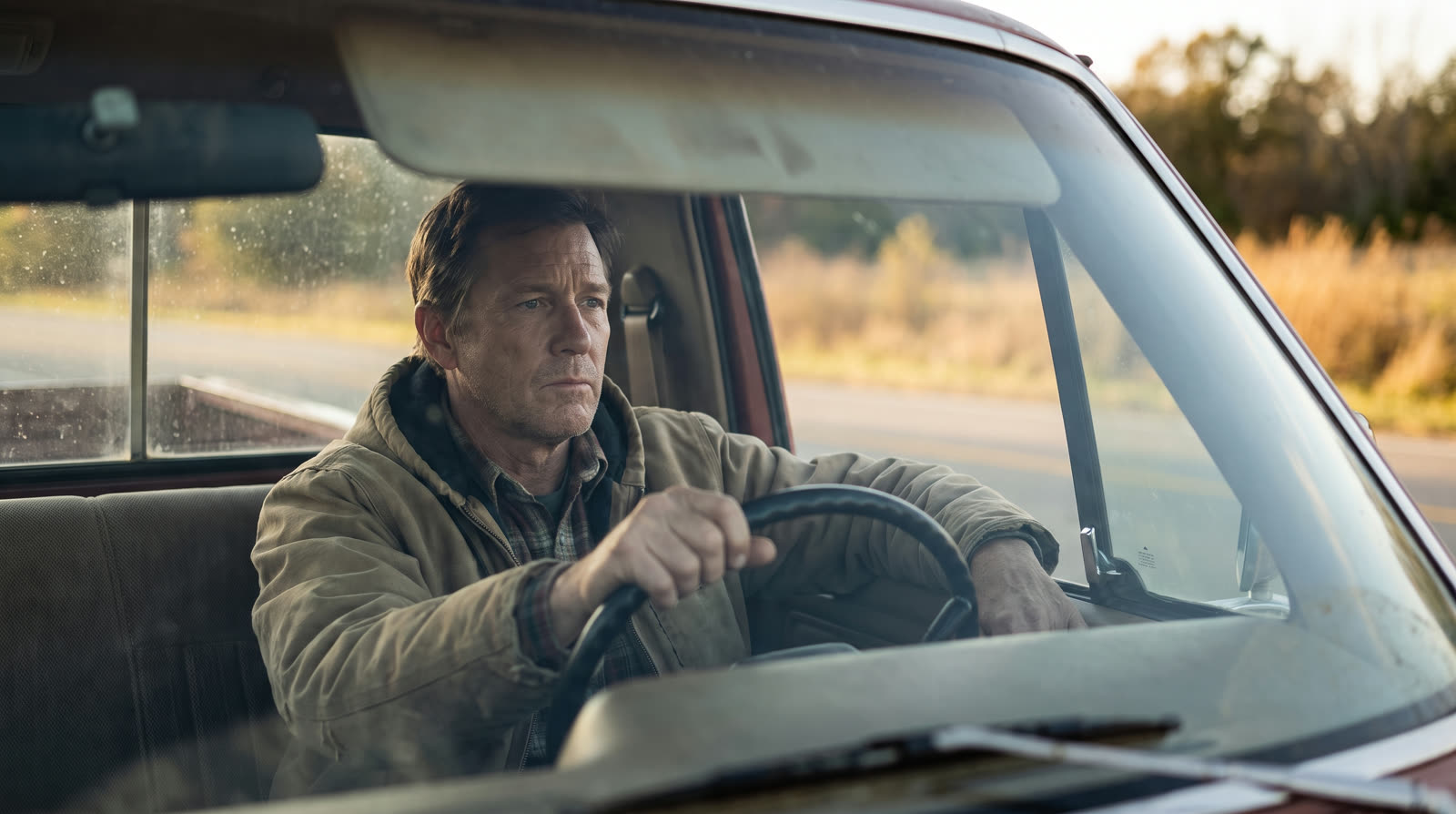 Man sitting in his truck cab with both hands on the wheel