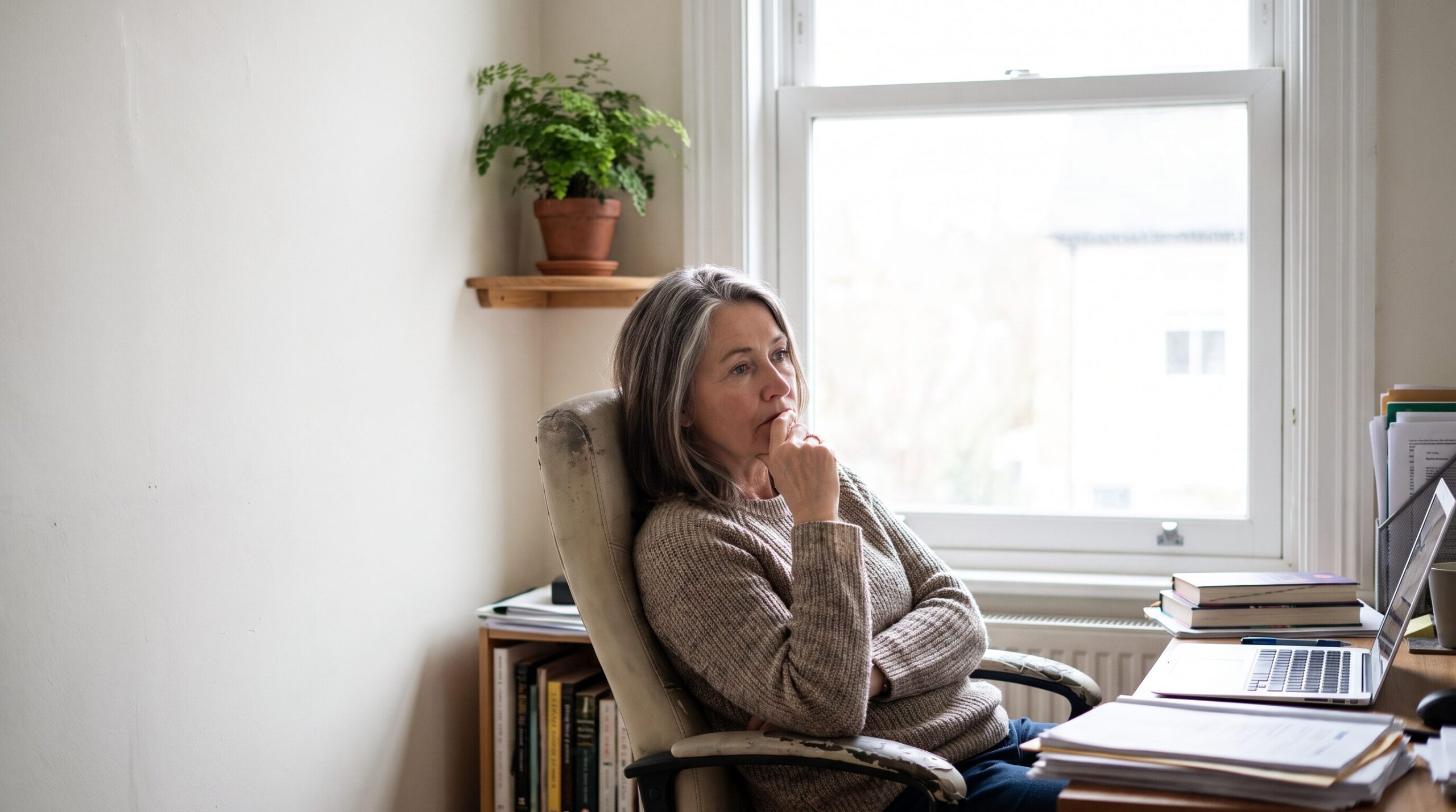 Woman in her home office thinking through an investment tax question