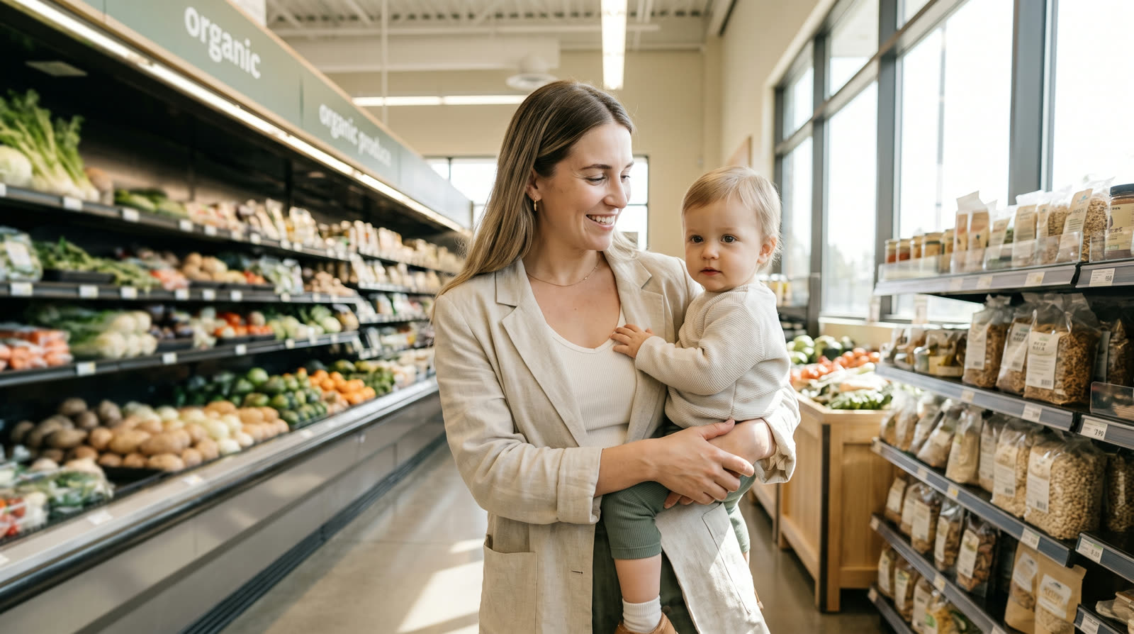 Young mother carrying her toddler through a grocery store aisle