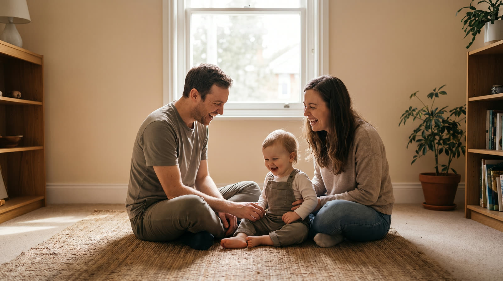 Two parents playing with their baby on a living room rug