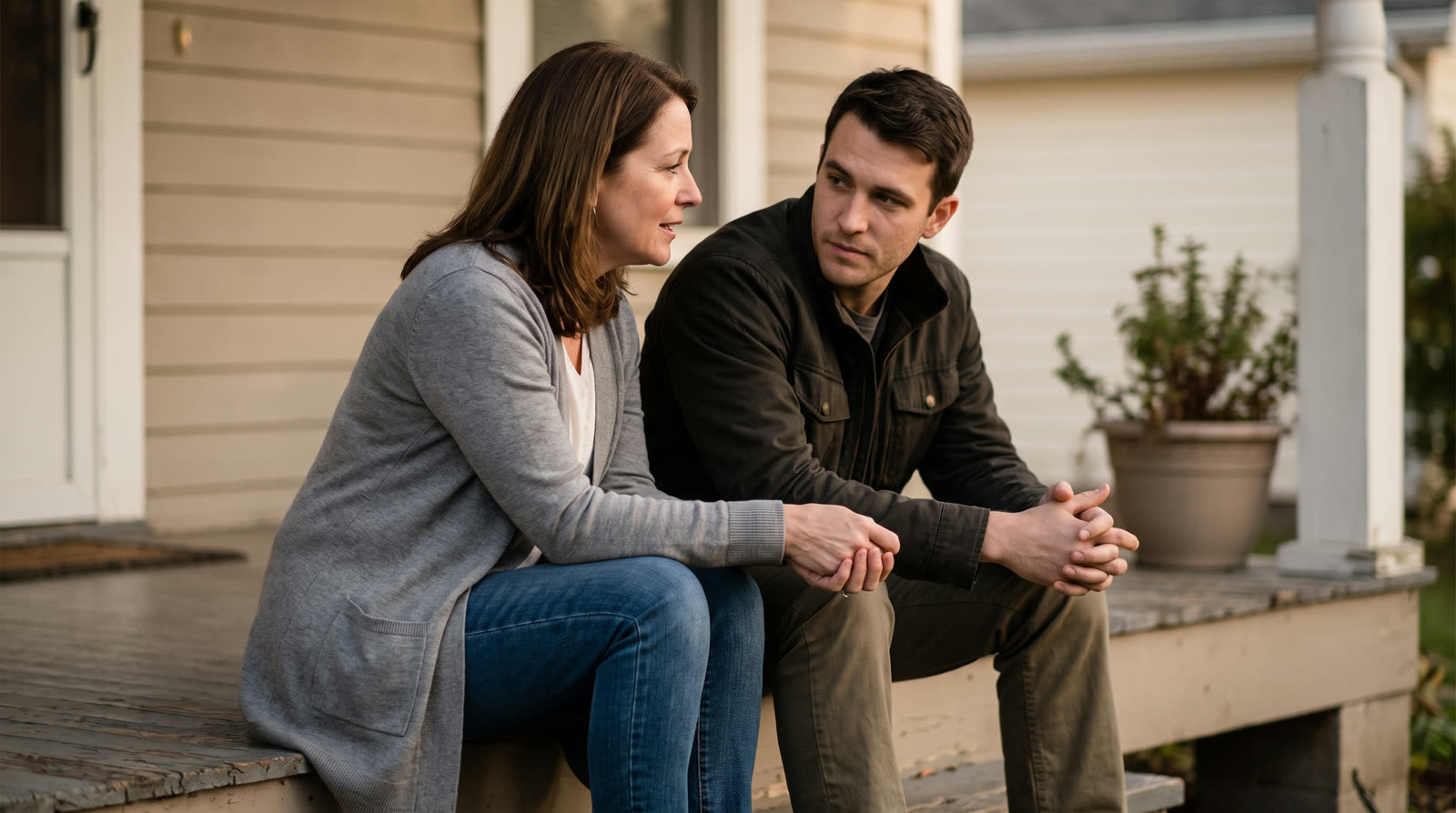 Mother and her adult son talking on a front porch step