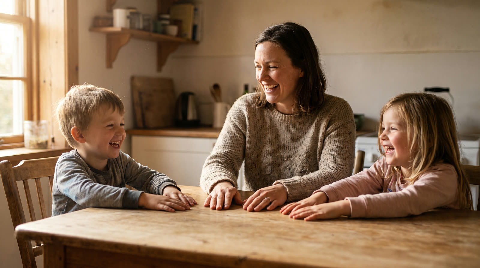 Mother laughing with her two young children at the kitchen table