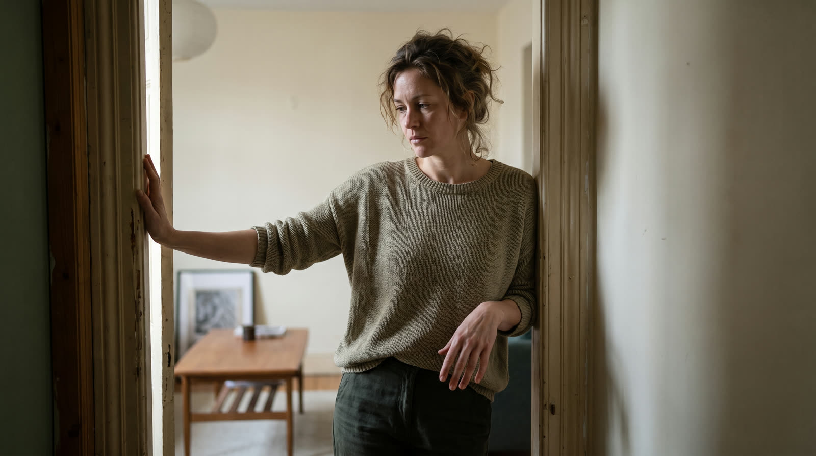 Woman standing in her apartment doorway