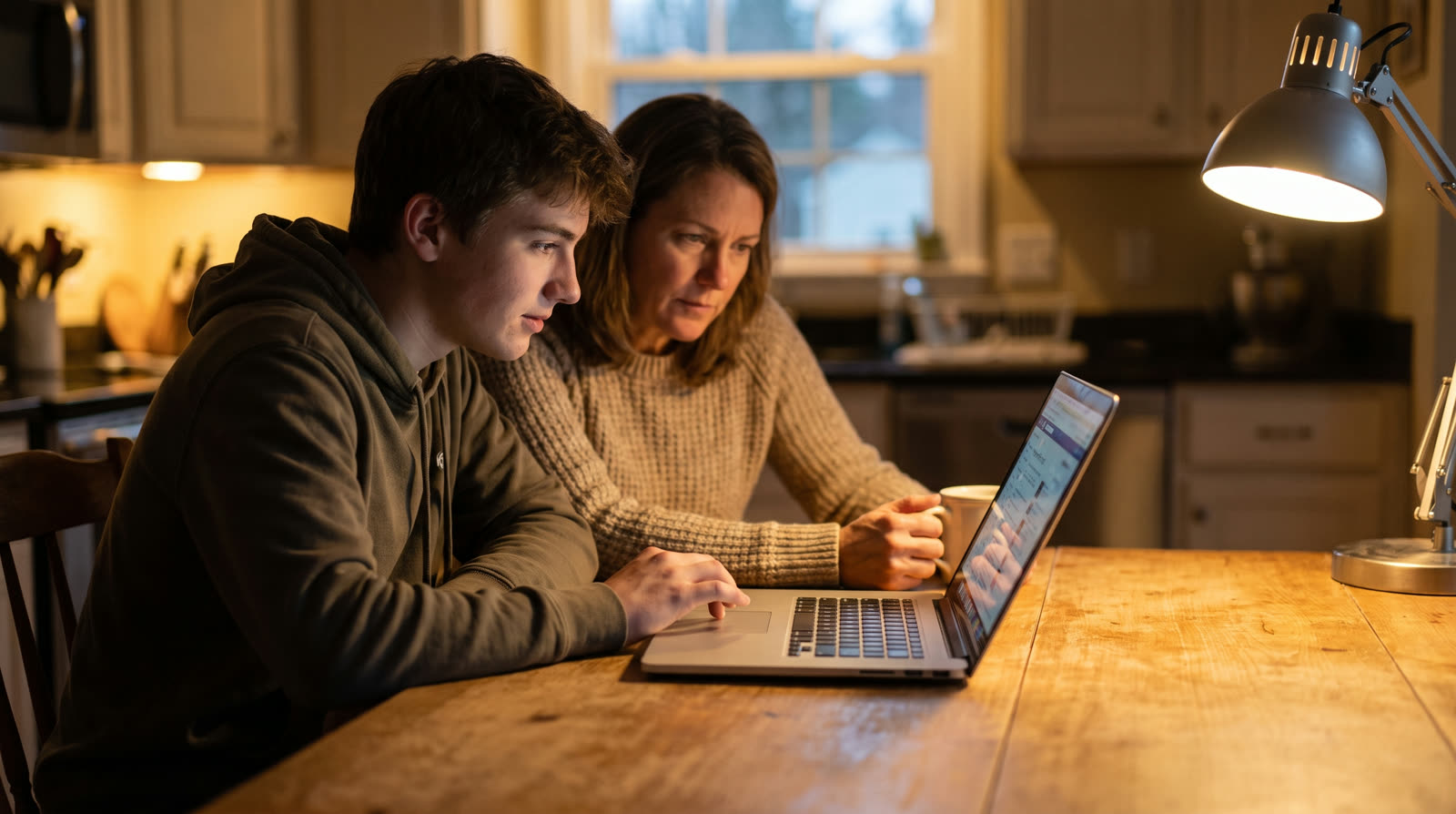 Parent and high school student working at a laptop together
