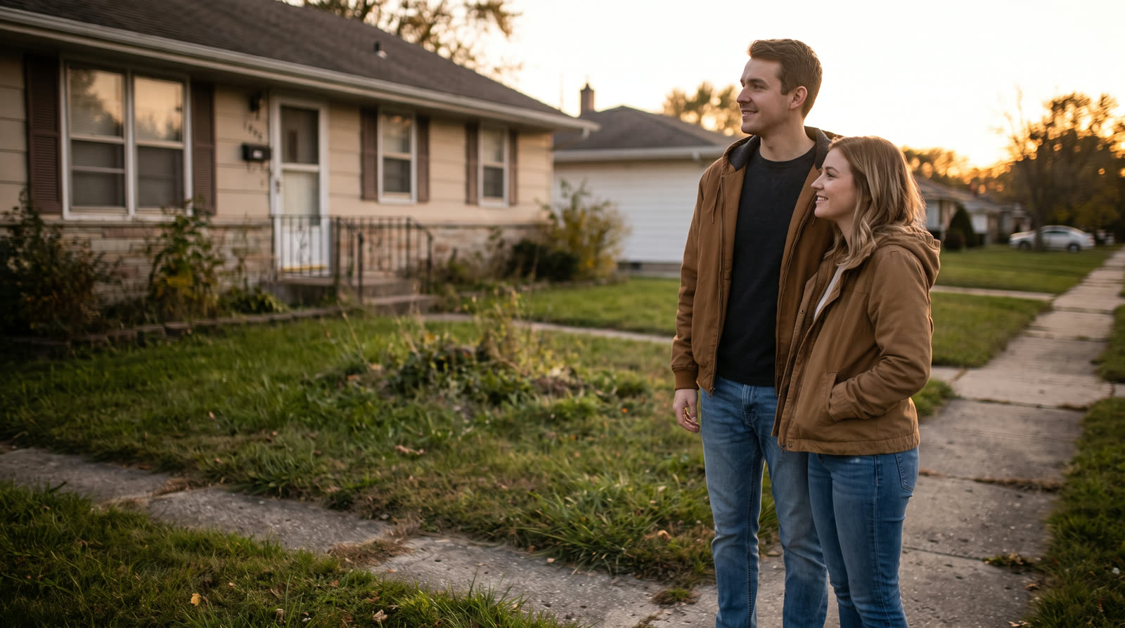 Young couple standing outside a modest suburban house