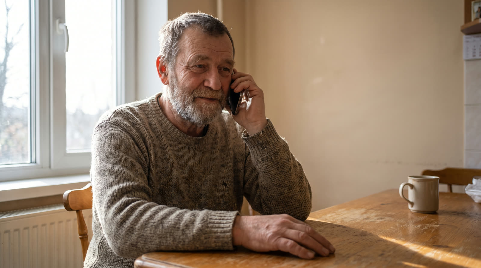 Older man on a phone call at his kitchen table