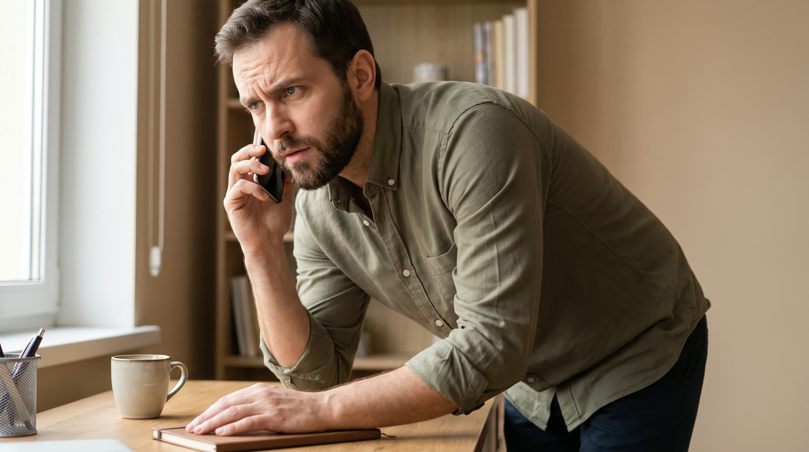 Man on a phone call at his home desk