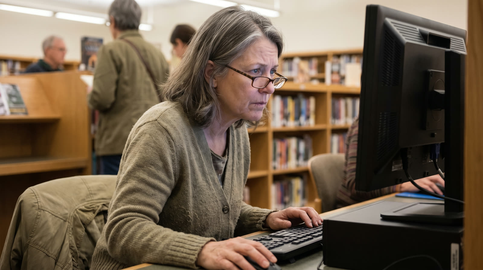 Woman using a computer at a public library
