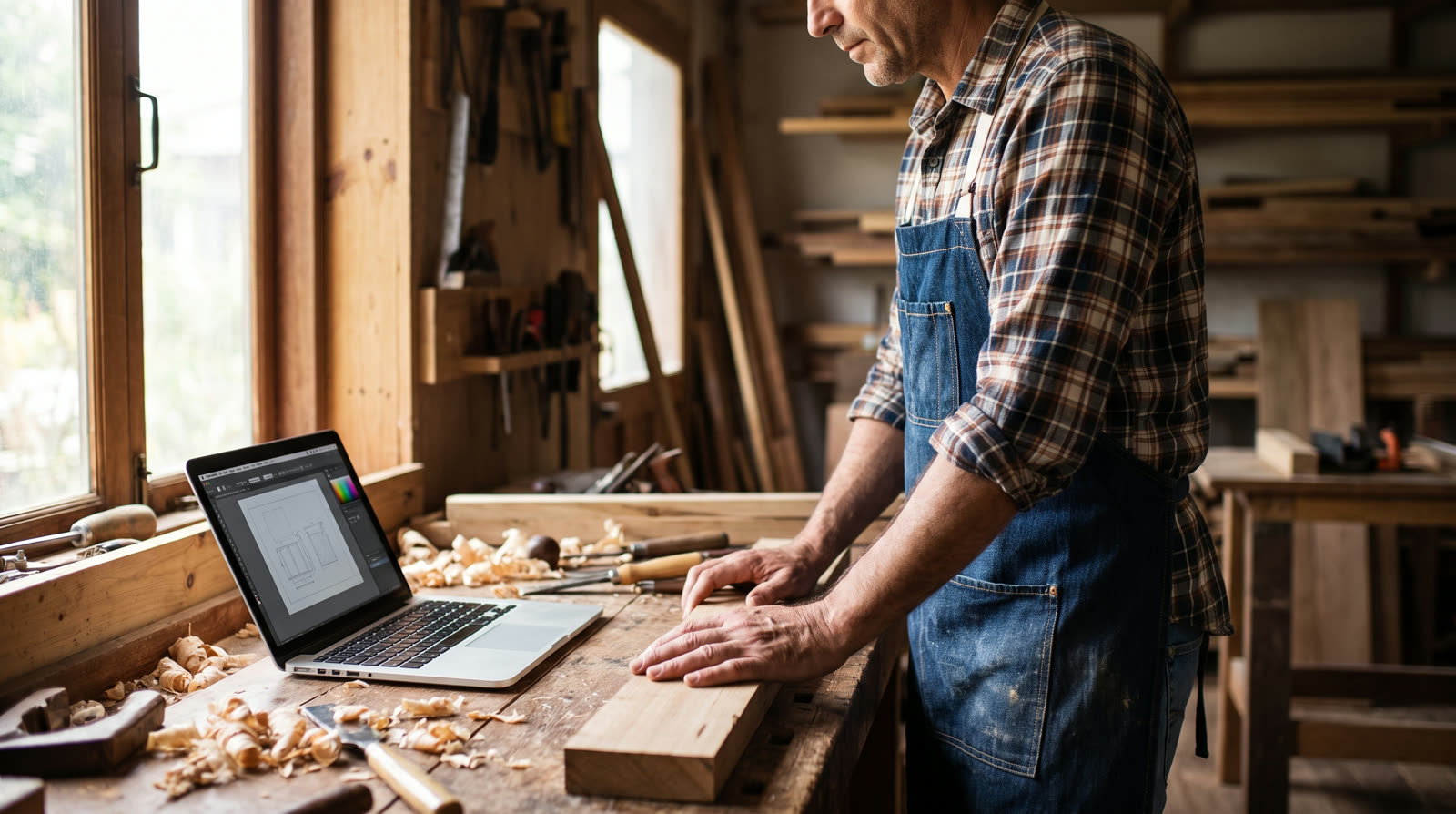 Self-employed carpenter at a workshop bench with a laptop
