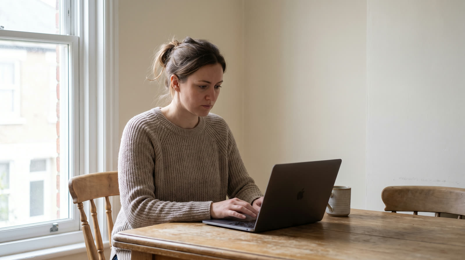 Woman at a dining table working on a laptop
