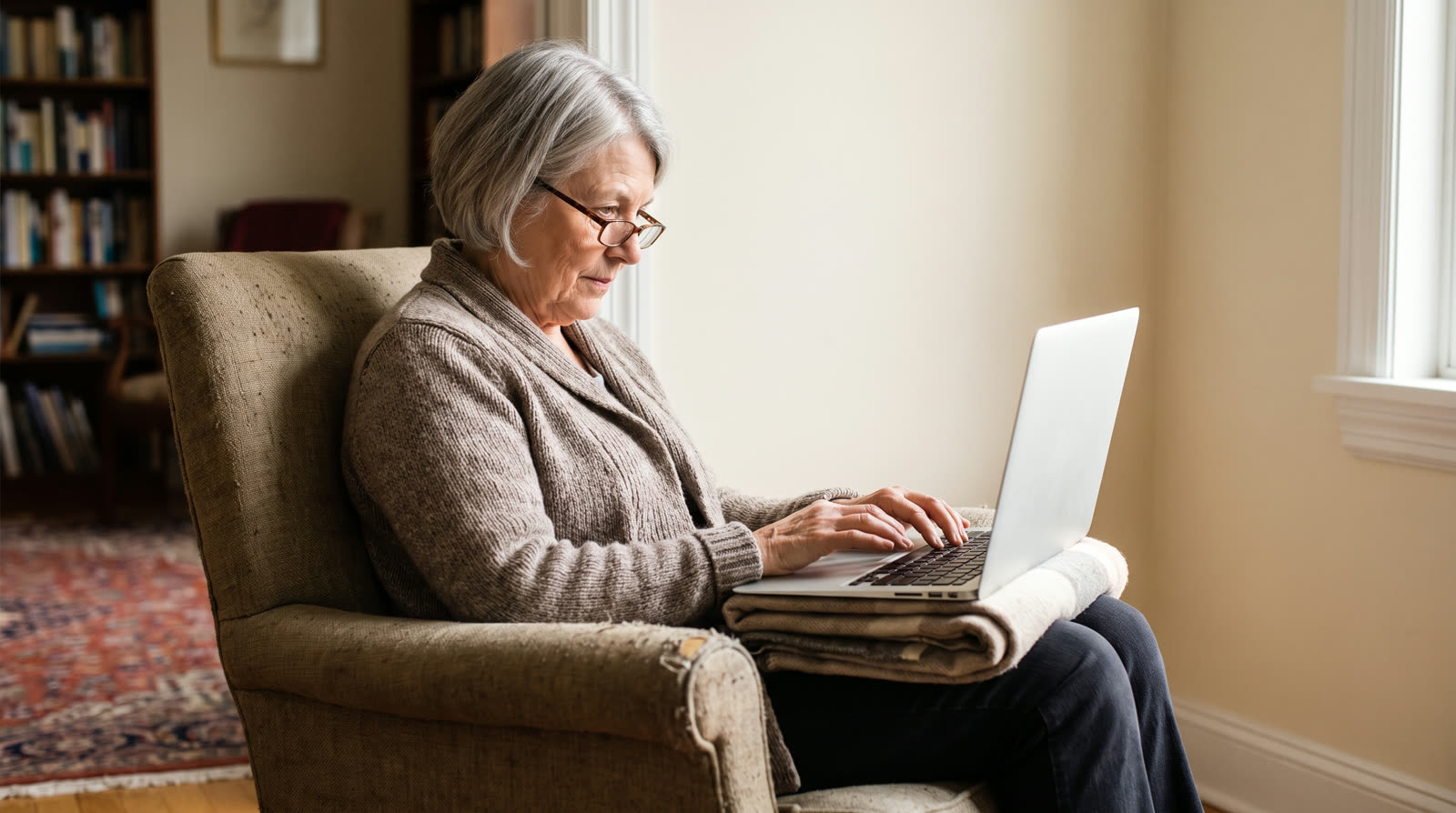 Older woman using a laptop in a living room armchair