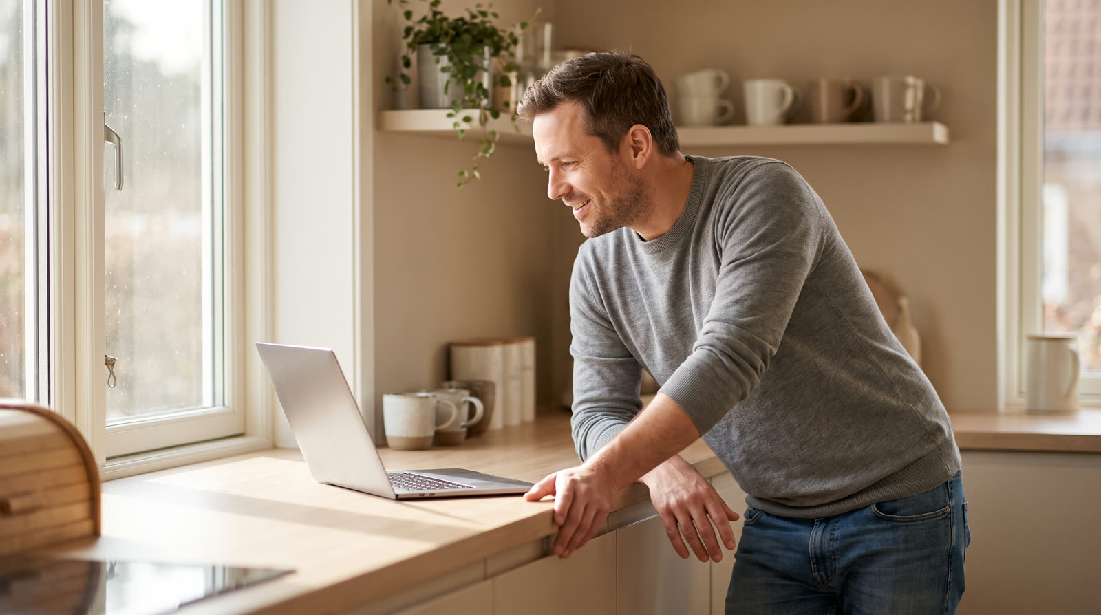 Man using a laptop at a bright kitchen counter