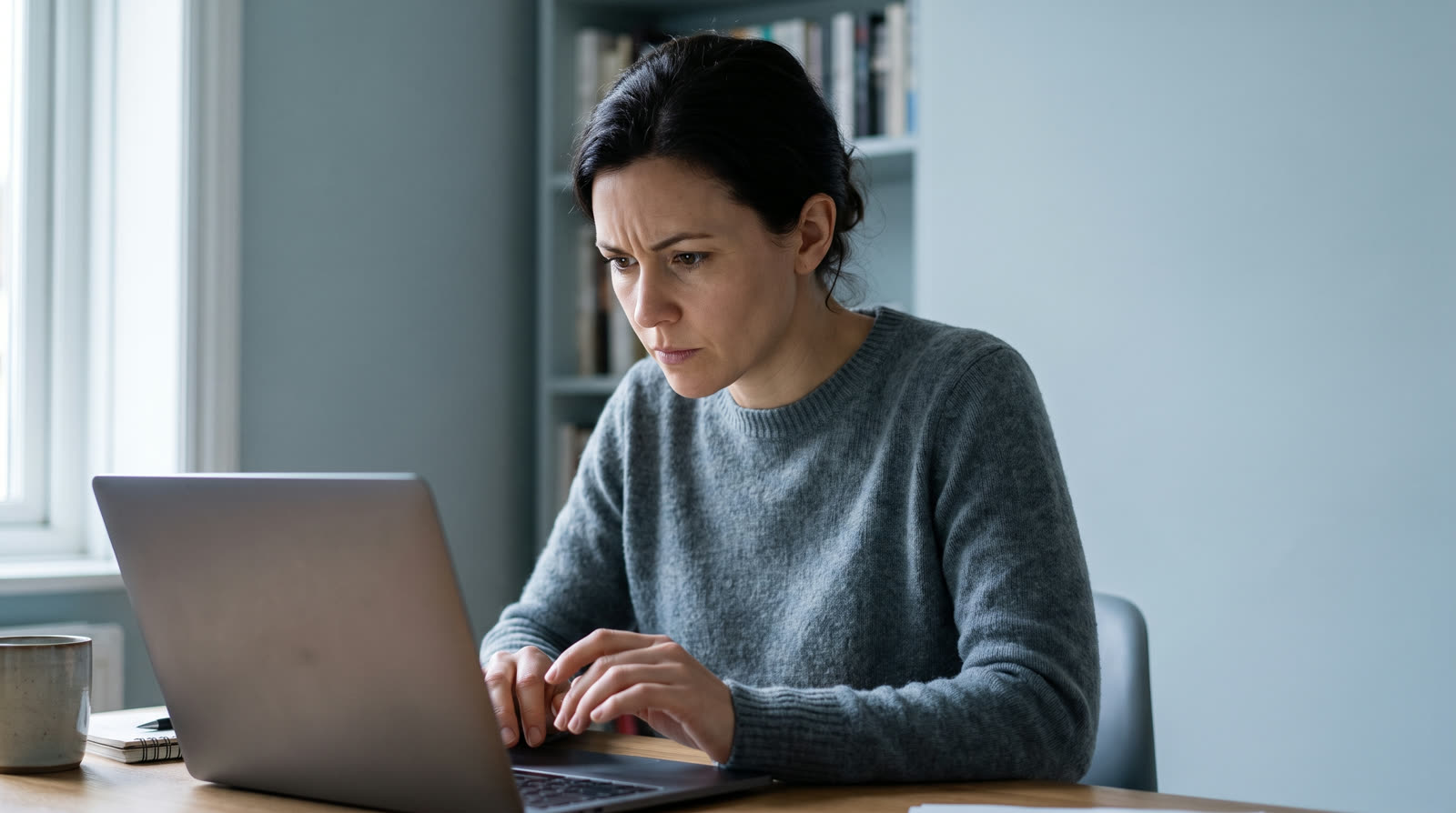Woman concentrating on a laptop at her home desk