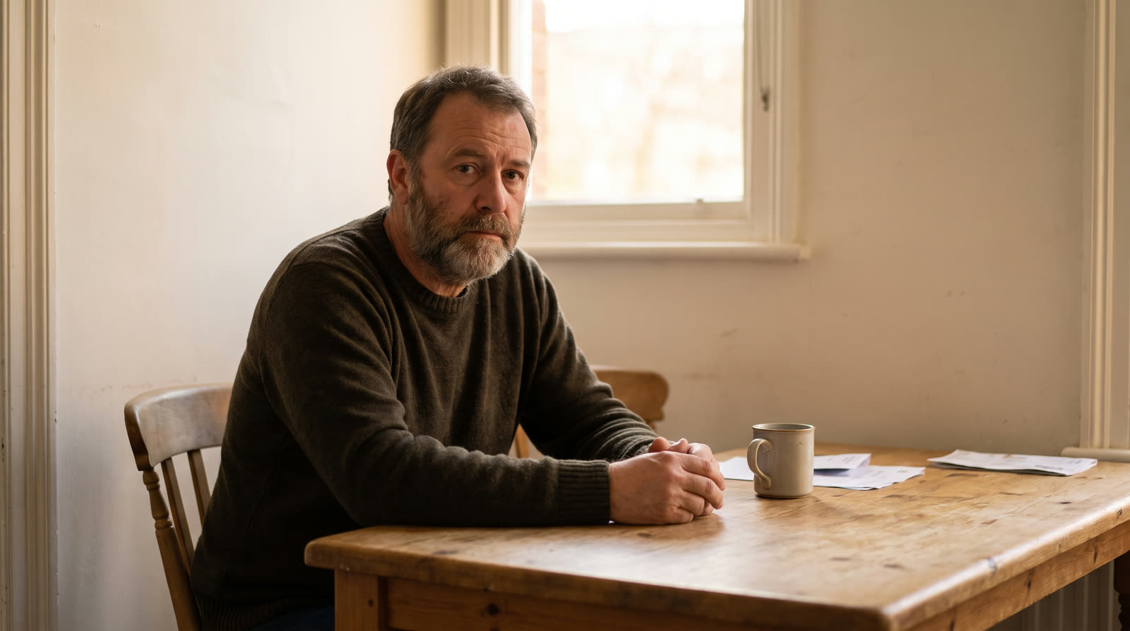 Man sitting at his kitchen table with his hands folded