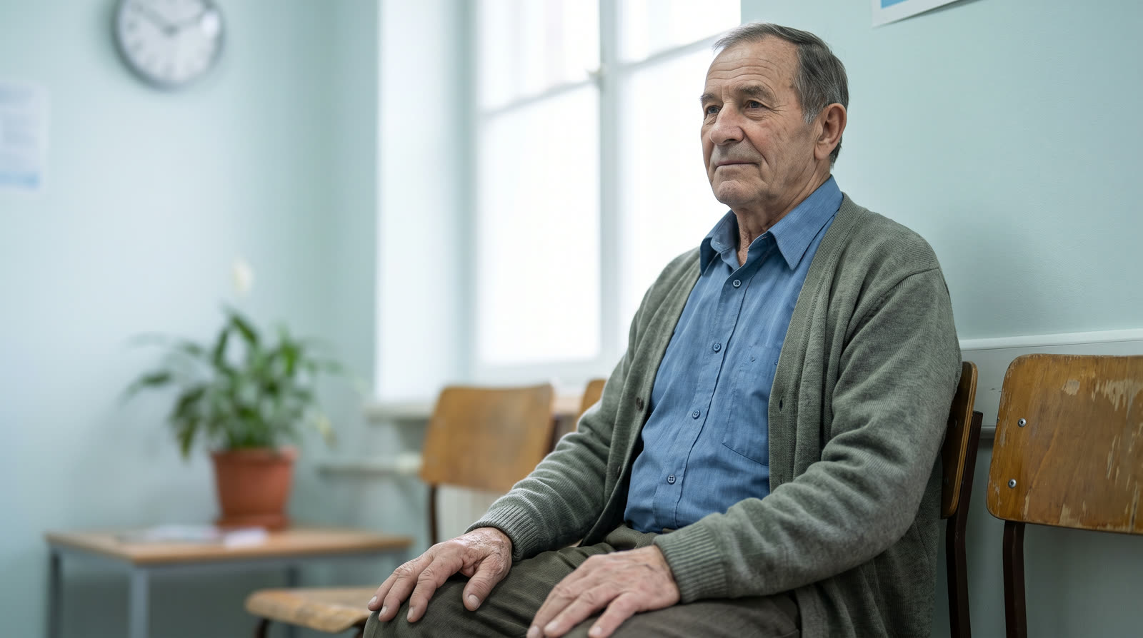 Older man waiting in a clinic waiting room