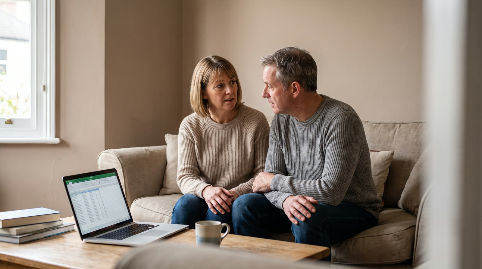 Married couple talking over household finances on the living room couch