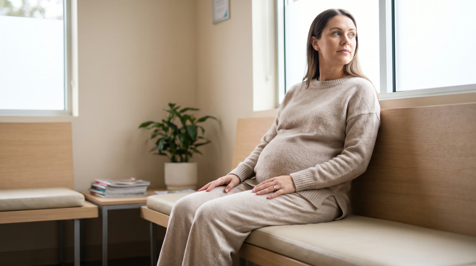Pregnant woman waiting in a clinic waiting area