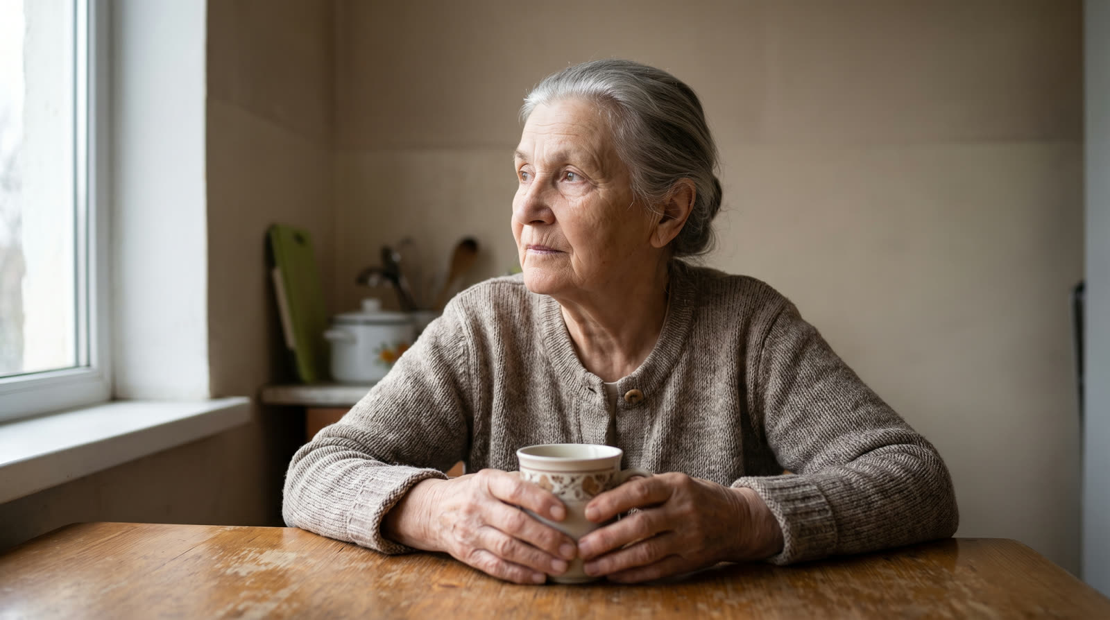 Older woman holding a mug at her kitchen table