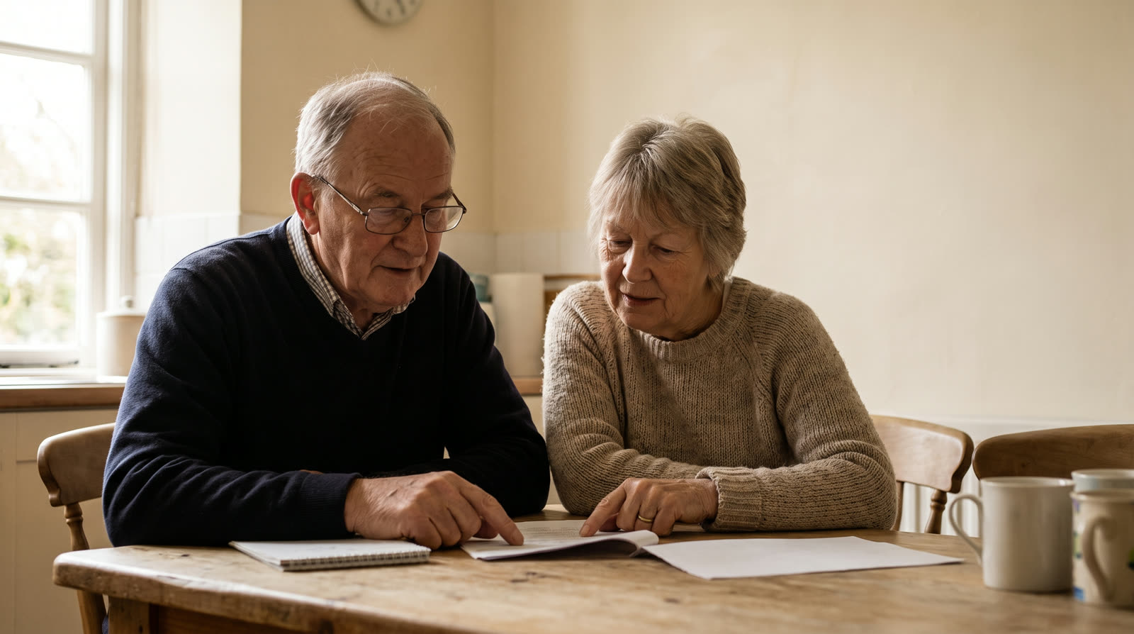 Older couple reviewing paperwork at their kitchen table