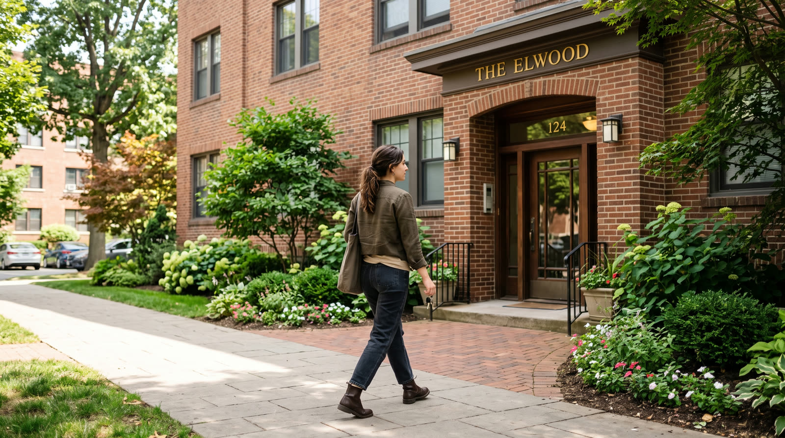 Woman walking up to a brick apartment building entrance