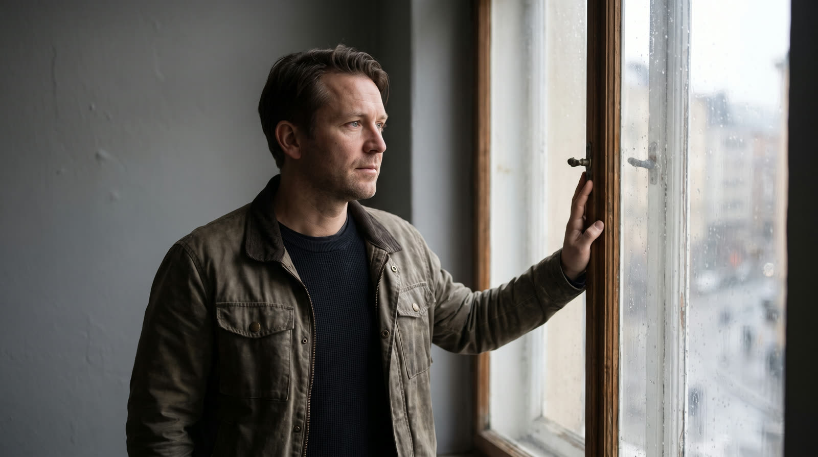Man standing at a window looking out