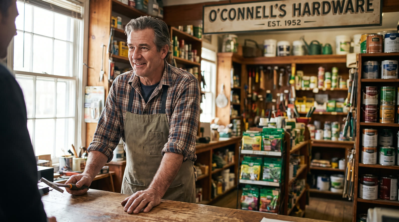 Shop owner in his sixties working behind a hardware store counter