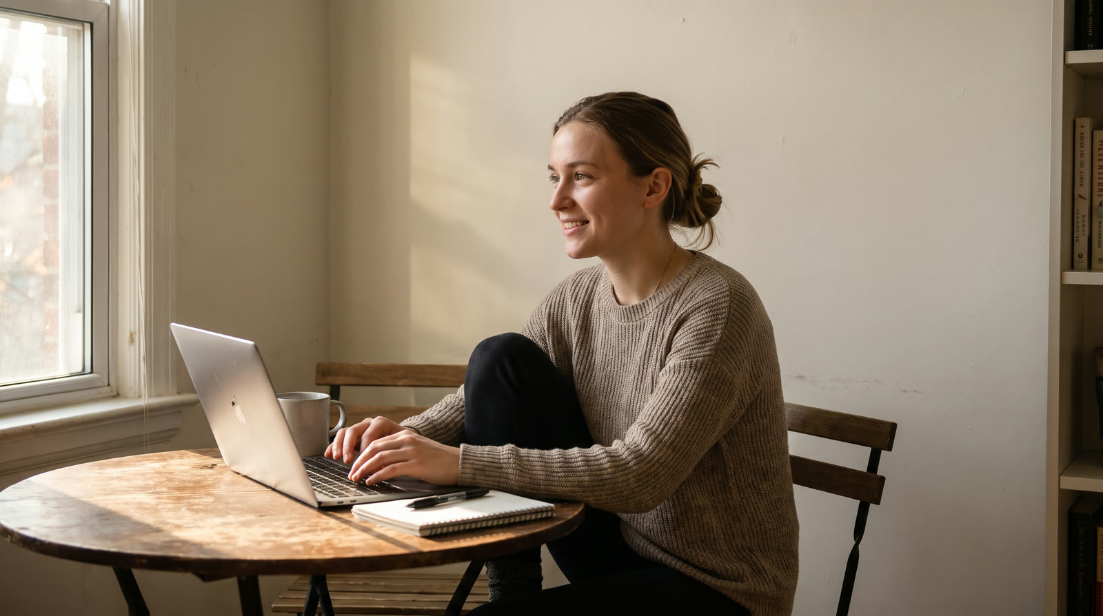 Young woman using a laptop at her apartment table