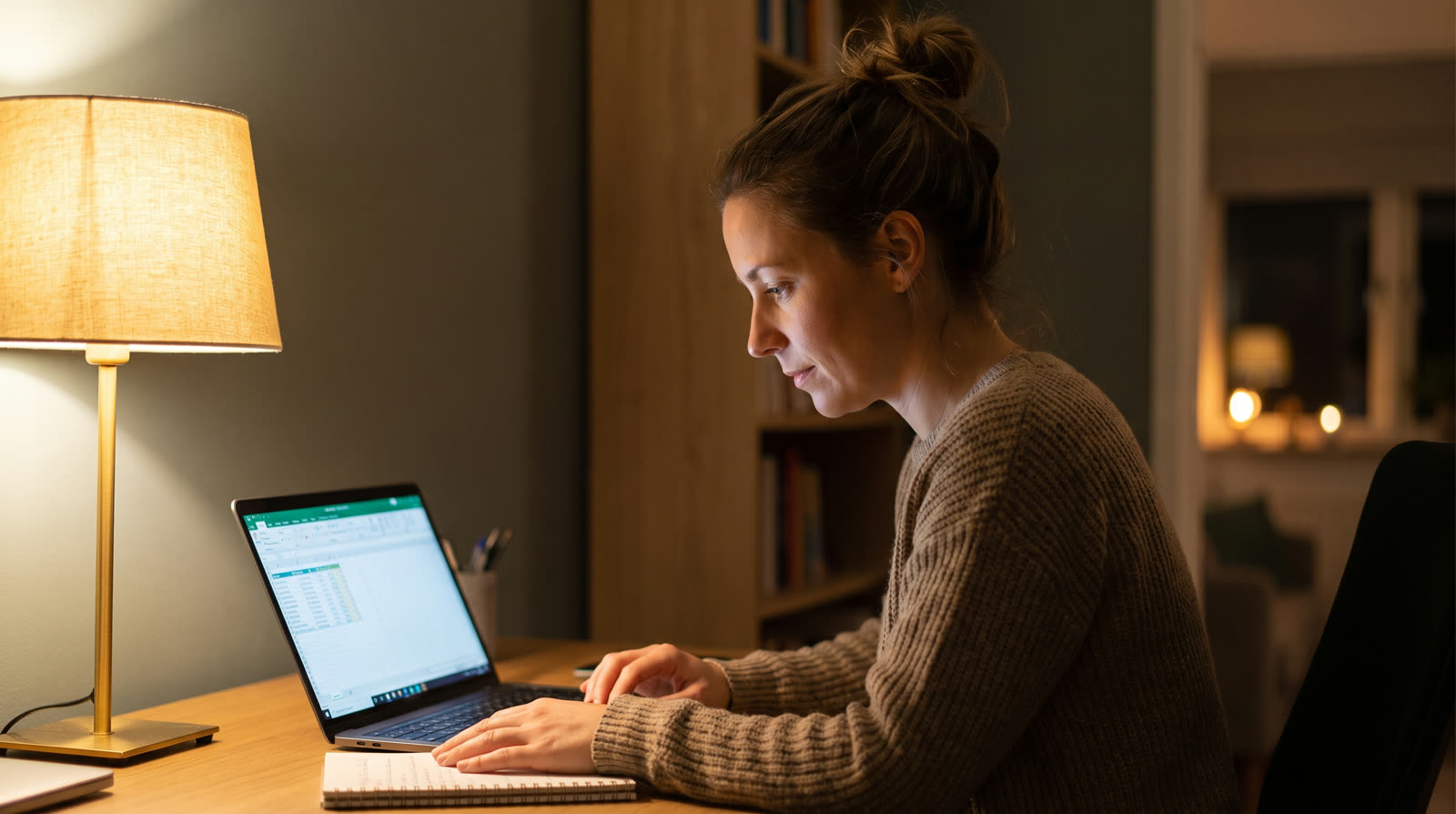 Woman working late at a home desk by lamplight
