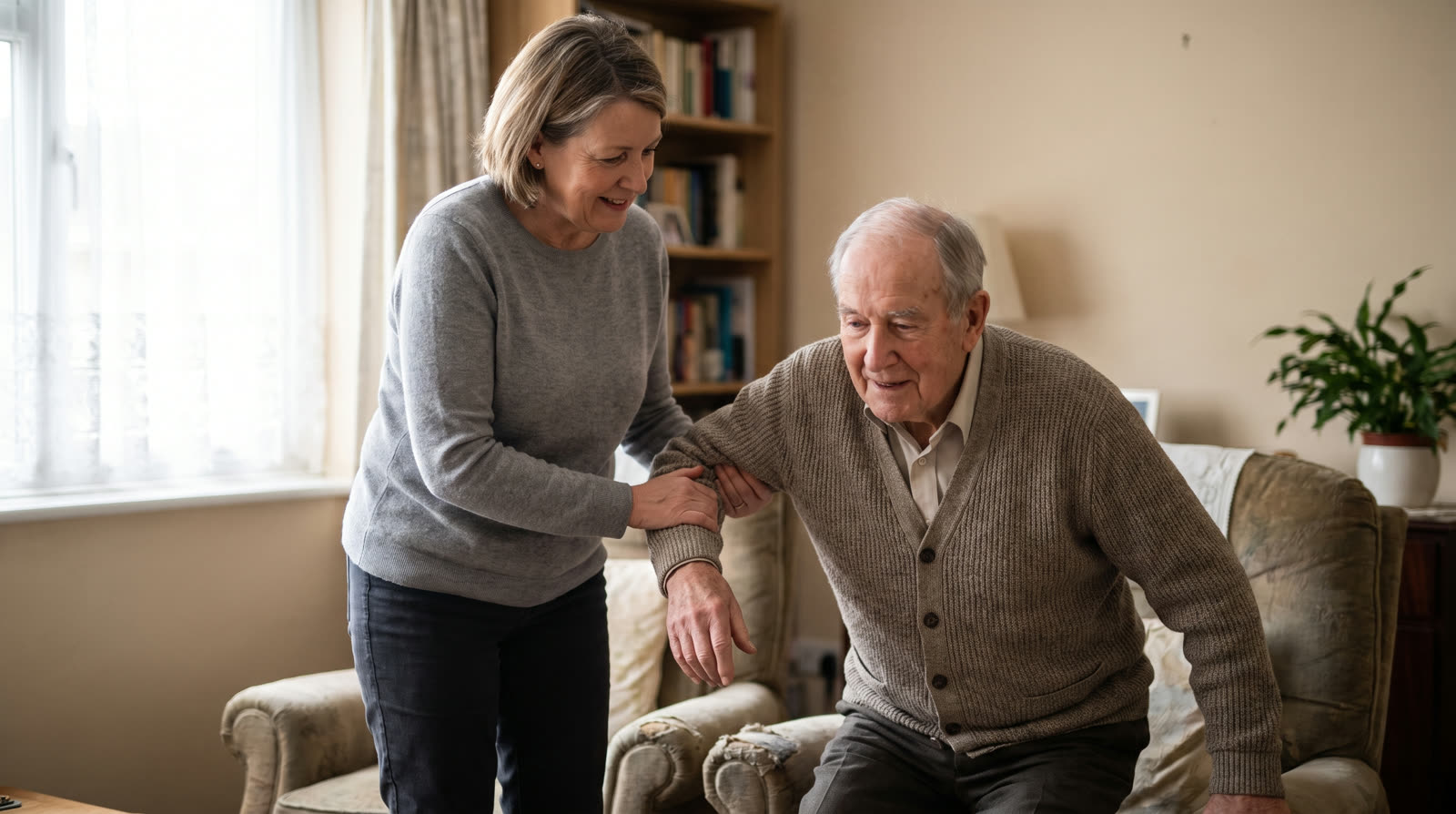 Caregiver helping an elderly man stand up from an armchair