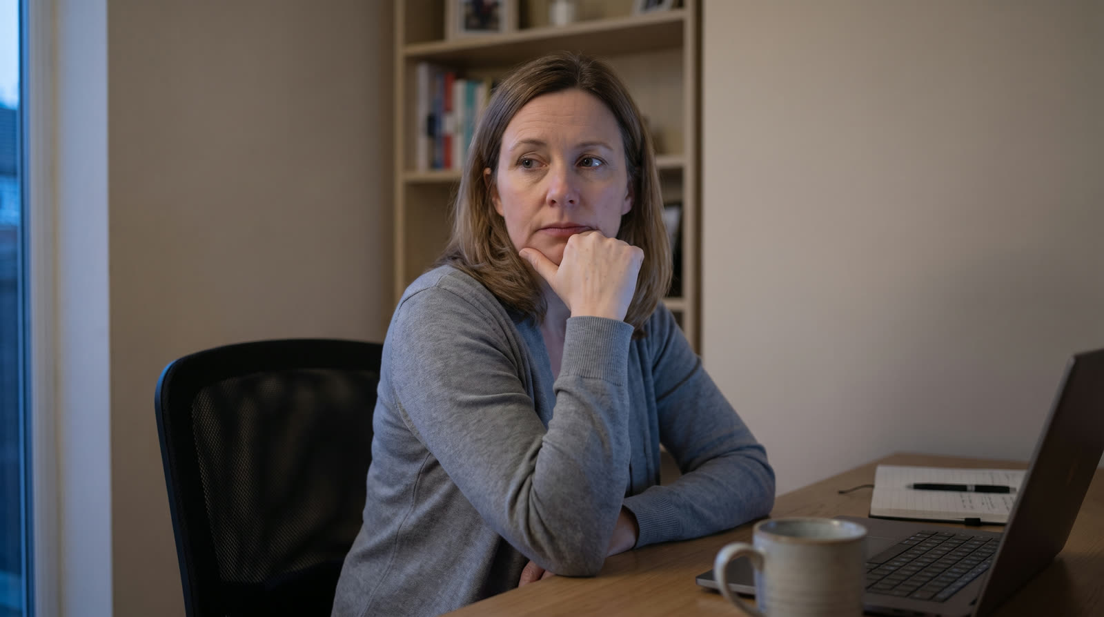Woman thinking at her home office desk
