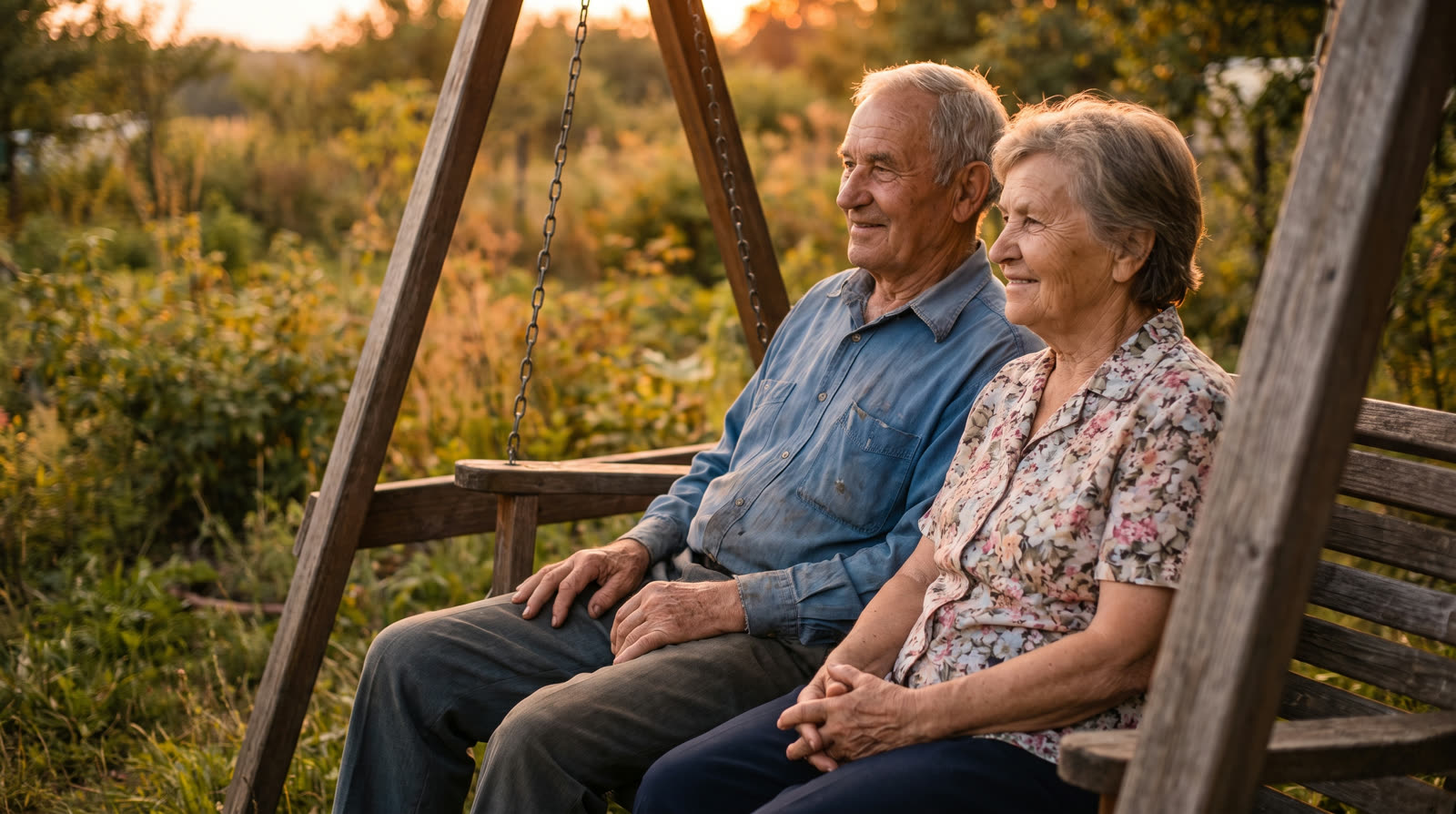 Elderly couple sitting together on a porch swing at sunset